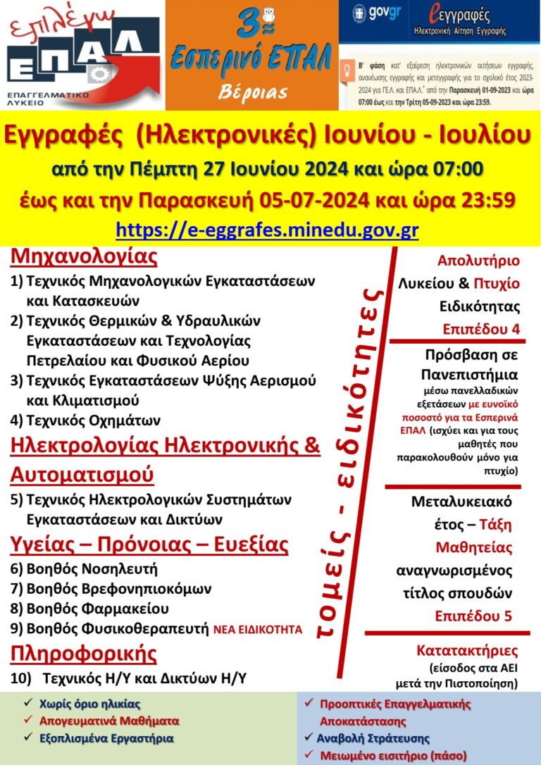 ΕΣΠΕΡΙΝΟ ΕΠΑΛ ΒΕΡΟΙΑΣ :Εγγραφές στο Εσπερινό ΕΠΑΛ Βέροιας